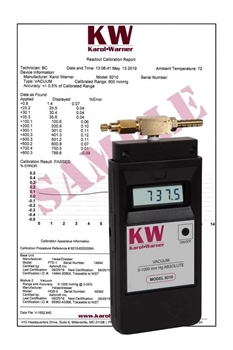NIST Calibration Certificate for Digital Residual Pressure Manometer (shown with 9210)